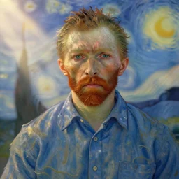 Filthy Frank wearing blue dirty spaghetti stained dress shirt, rule of thirds,  accurately portrayed, portrait art by Vincent van Gogh, highly detailed, digital painting, concept art, illustration, ethereal lighting with twilight rays of sunlight, trending on artstation, very detailed, smooth, sharp focus, octane render, close up