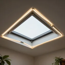 looking up at roof skylight with led strip light surround, realistic, photography, home and garden, houzz, highly detailed, 8k,