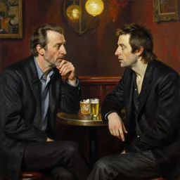 Tom Waits and Iggy Pop talking in a pub by Jim Jarmush, oil painting by Caravaggio