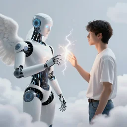 a godly robot and a human man adam touch, exchanging lightning of beautiful energy, angelic clouds in the background, cinematic, inspired by the creation of adam by michelangelo, creazione di adamo in style of josef capek