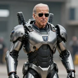 “Very photorealistic photo of Joe Biden piloting a mech suit wearing sunglasses, award-winning details”