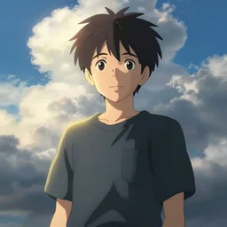 Boy slighty smiling, dramatic clouds, made by Makoto Shinkai, Accent lighting, front lit, volumetric lighting, light refraction, pixiv, highly detailed art, beautiful scene, sharp focus, smooth, 8k, artgerm