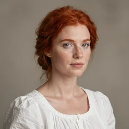 a rustic woman wearing a white dress, detailed face, redhead, by greg rutkowski, mandy jurgens