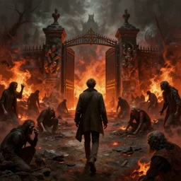 a man walking towards the gates of hell, lost souls in anguish and despair all around, flaming pits of hell, highly detailed digital painting