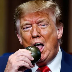 close - up portrait of donald trump eating a small nuclear bomb, by annie liebowitz