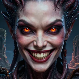 full - face close - up portrait, hyperrealistic eyes, evil smile with sharp teeth, promethean alien engineer, your mom is a cosmic horror by bruce brenneise and h r giger, alien ancient ruins in background, 3 d render, neosurrealism. digital concept art, pixel art, rendered in octane, trending on cgsociety, trending on artstation