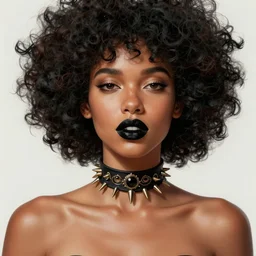 ultra realistic illustration, portrait a mixed lightskin woman, with black afro, with black lipstick, with a spikey choker around neck, intricate, elegant, highly detailed, digital painting, artstation, concept art, smooth, sharp focus, illustration, vibrant colors, ( ( ( koi colors ) ) ), octane render, jesper ejsing, james jean, justin gerard, tomasz al