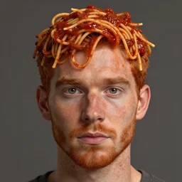 highly detailed portrait of a ginger mans face who has spaghetti bolognese all over his head artstation, 8 k, sfx, john singer sargent.