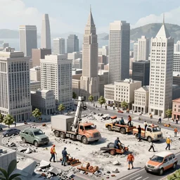 People rebuilding the city of San Francisco after a terrible earthquake that destroyed much of the city, hyperdetailed, artstation, cgsociety, by greg rutkowski, by Gustave Dore
