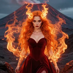 style artgerm, joshua middleton, ellen jewett, beautiful kristen bell with dark red dress, very long orange hair, symmetrical face, symmetrical eyes, fire powers fire swirling, detailed, volcano setting, cinematic lighting