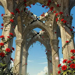 broken arches leading to the pillars of eternity draped with red flowers and vines, blue sky, lens flare, a sense of mystery, cinematic, ultra detailed, intricate, sharp focus, trending on artstation, 8K, comic illustration by Alphonso Mucha