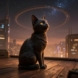 anthropomorphic cat figure, dark, sitting on a wooden deck, staring into the sky, night, dramatic warm lighting, futuristic cyberpunk cityscape in background, stellaris concept art, ringworld structure in sky, detailed