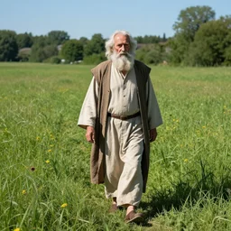 old prophet wandering about a meadow. summer midday. direct overhead sunlight. harsh shadows. aperture 1 6. iso 1 0 0