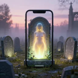 large glowing iphone tombstones preserving incubating body of last female human in existence. sci - fi gothic terrarium cemetery, serene morning mist, pastel sunrise, volumetric lighting, octane render, by greg rutkowski, william adolphe bouguereau, gerald brom, gustave dore,