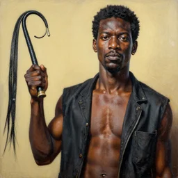 A extremely highly detailed majestic hi-res beautiful immaculate head to toe painting of a strong black african man holding a long black whip by Jean-Michel Basquiat, 8k, high textures, hyper sharp, insanely detailed and intricate, super detailed, 8k HDR high quality quality