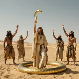 moses and the hebrew people in desert praising a golden snake, cinematic view, ultra hd