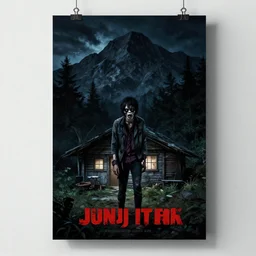 poster portrait of a zombie outside a cabin in the mountain, night, by junji ito,