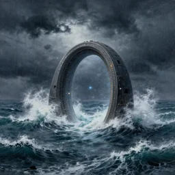 intergalactic stargate portal in the middle of a stormy sea, with waves crashing all around it by thomas kinkaid