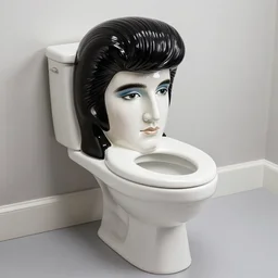 toilet that is in the exact shape and size of elvis's head, weird toilet design photo, ceramic elvis head
