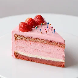 piece of pink strawberry cake with hundreds of colorful pins stuck in it