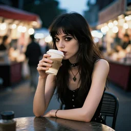 slim independant goth girl sitting at a night market drinking a coffee, hasselblad, super realistic, perfect lighting, detailed, high contrast, bokeh, trending on artstation
