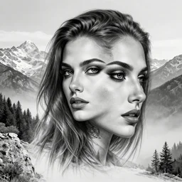 amazing fade effect of beautiful mountain scenery with a beautiful woman face, tattoo design sketch, hyper - realistic, in the style of matteo pasqualin, amazing detail, black and white