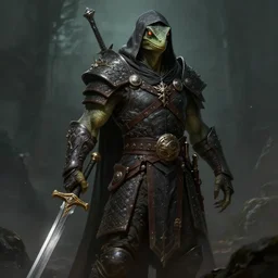 Anthropomorphic lizardfolk hooded warrior, evil sword. Matte painting by Craig Mullins and Anato Finnstark style of magic the gathering, dark fantasy, style of game of thrones, concept art trending on artstation, 4k, insane details