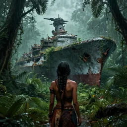 a tribal woman from behind in front of a rotten, post apocalyptic aircraft carrier in the rain forest, overgrown with lush vegetation, by Luis Royo, by Greg Rutkowski, dark, gritty, intricate, backlit, strong rim light, cover illustration, concept art, volumetric lighting, volumetric atmosphere, sharp focus, octane render, trending on artstation, 8k