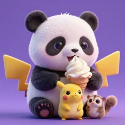 high quality 3 d render hyperrealist very cute pastel fluffy! panda & tarsier hybrid eating giant ice cream full body, vray smooth, in the style of detective pikachu, hannah yata charlie immer, very dramatic violet light, low angle, uhd 8 k, shallow depth or field