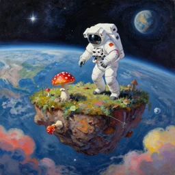 a flying island in space, an astronaut standing on the island ramming a fly agaric in the ground, stars and planet earth in the background surrounded by colorful clouds, crude oil painting