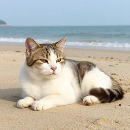 realistic photo of a cute cat chilling out on the beach