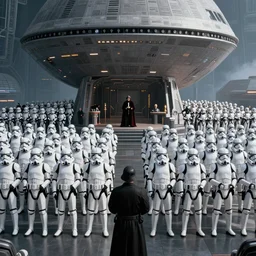 a huge crowd of imperial stormtroopers in combat gear stands at attention beneath the reviewing stand at the death star, listening to a speech by the emperor, 8 k, unreal 5, octane render, imperial march, majestic, superb, orderly, cinematic, dramatic, hyperrealism, cgi art, volumetric lighting, photoshopped, intricate digital art