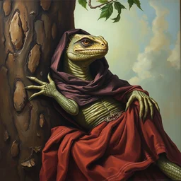 detailed oil painting of a lizard human resting against a tree, fantasy, medieval cloak