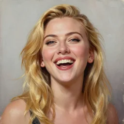 a very beautiful oil painting of scarlett johansson with long blond hair. she is very amused happy face, much joy and much fun, very aesthetic and attractive, portrait, trending on artstation