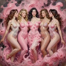 fantastic extraordinary beautiful women into fluid pink mass, mid shot, norman rockwell, viktor safonkin, larry elmore, intricate details, hyperrealistic oil painting on canvas, deep depth field, hd, hdr, 4 k, 8 k