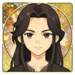 chibi style male anime protagonist, long dark hair, symmetrical facial features, 8 k, interesting composition, creative color choice, detailed drawing, trending on artstation, hd, by alphonse mucha, greg rutkowski, gottfried helnwein