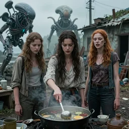 she makes the deep boil. dark fantasy story about two casually - dressed women in a dirty seaside town, a globster, and a beautiful song. color cinematic still from an action - packed 2 0 1 1 mutating! alien - robot invasion science - fiction blockbuster movie ; highly - detailed.