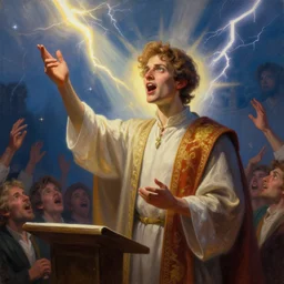a prismatic portrait of prince giving a sermon, telling the congregation to go crazy, lightning bolts, sunbeams, madness, highly detailed, art by mimmo rotella and tim white, digital painting, artstation, smooth, super 8, dynamic lighting by delphin enjolras, ultrarealistic, cinematic, octane render