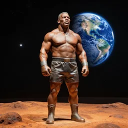 a statue of mike tyson on mars, with earth as a little dot in the background in space.