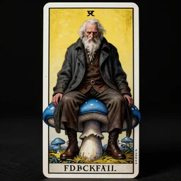 a very old man wearing a dark overcoat sitting on a giant blue mushroom, tarot card, mythical, concept art, trending on artstation, high quality, highly detailed, digital art, high coherence, path traced, high definition, anatomically correct, badass, dramatic lighting, cinematic, high contrast, masterpiece, fantasy style