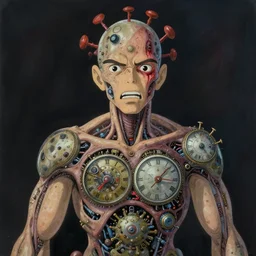 centred painting of a human with rare clockwork virus skin disease with micro chips under skin, pain, agony, octane rendering, trending on artstation, studio ghibli, michael whealan and james gurney