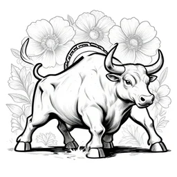 amazing line art, side view of a charging bull, bold strong lines large flowers