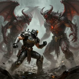 doomguy and master chief fighting demons, artstation hall of fame gallery, editors choice, #1 digital painting of all time, most beautiful image ever created, emotionally evocative, greatest art ever made, lifetime achievement magnum opus masterpiece, the most amazing breathtaking image with the deepest message ever painted, a thing of beauty beyond imagination or words
