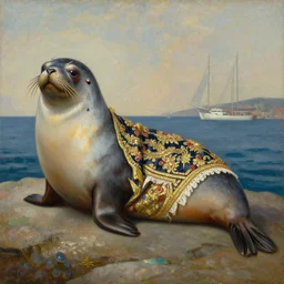 the royal king's harbor seal by greg hildebrant lisa frank fancy rococo baroque regal oil painting high quality award winning clothed in fancy garb