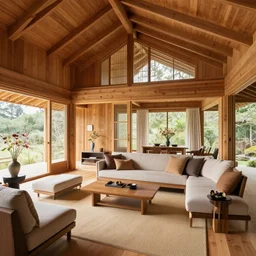 luxurious wooden cottage by alvar aalto, modern furnished japanese living room, japanese flower arrangements, coherent composition, realistic, extremely detailed furnitures, architecture photography from furniture world magazine