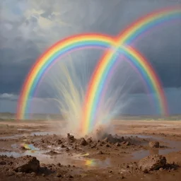 a professional painting of a rainbow radiating out of mud, surreal, epic lighting