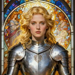 masterpiece head-on symmetrical centered painted portrait, Imogen Poots as a paladin, blonde hair, glorious, wearing full metal armour, glowing stained glass backdrop, elegant, in the style of Ruan Jia and Artgerm and Edgar Maxence and Ross Tran and Alphonse Mucha and Ayami Kojima and Charlie Bowater and Greg Rutkowski and Karol Bak and Jean Delville, Art Nouveau, Pre-Raphaelite, Neo-Gothic, 8k, specular highlights, octane render