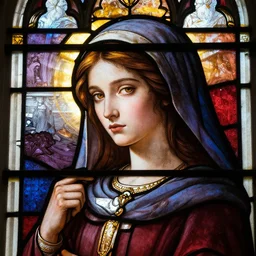 beautiful face young pious woman inscribed on stained glass of gothic church, dynamic lighting, cinematic, establishing shot, extremely high detail, shining, photo realistic, cinematic lighting, intricate line drawings, 8k resolution