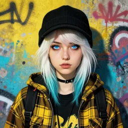 highly detailed portrait of a street punk lady student, blue eyes, plaid hoodie, hat, white hair by atey ghailan, by greg rutkowski, by greg tocchini, by james gilleard, by joe fenton, by kaethe butcher, gradient yellow, black, brown and cyan blue color scheme, grunge aesthetic!!! ( ( graffiti tag wall background ) )