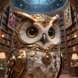 cute steampunk owl with a polygonal library walls and glass ceilings showing the stars and hanging silk drapery and tapestries, light dust, magnificent, close up, details, sharp focus, elegant, highly detailed, illustration, by Jordan Grimmer and greg rutkowski and PiNe(パイネ) and 薯子Imoko and 香川悠作 and wlop and maya takamura, intricate, beautiful, Trending artstation, pixiv, digital Art